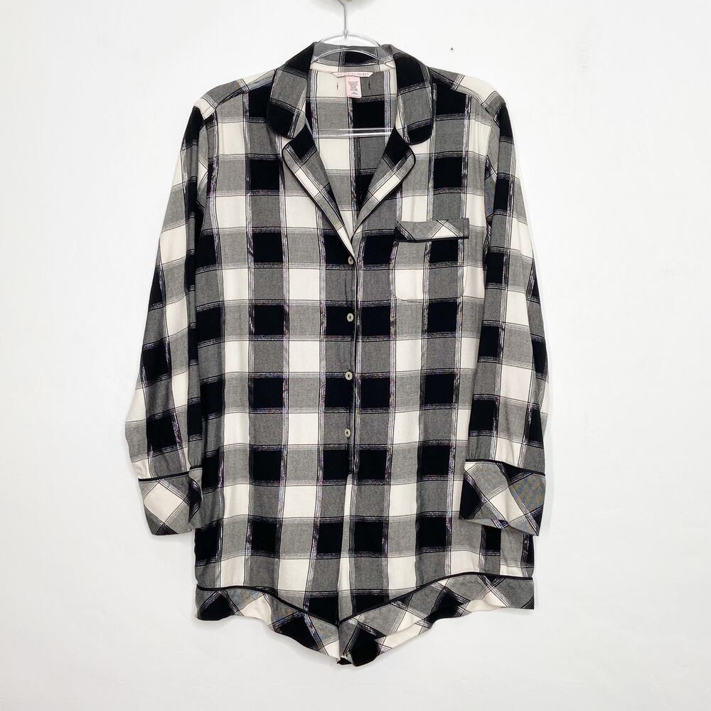 Victoria's Secret Buffalo Check Sleep Romper Black Cream Plaid Pajamas Size M